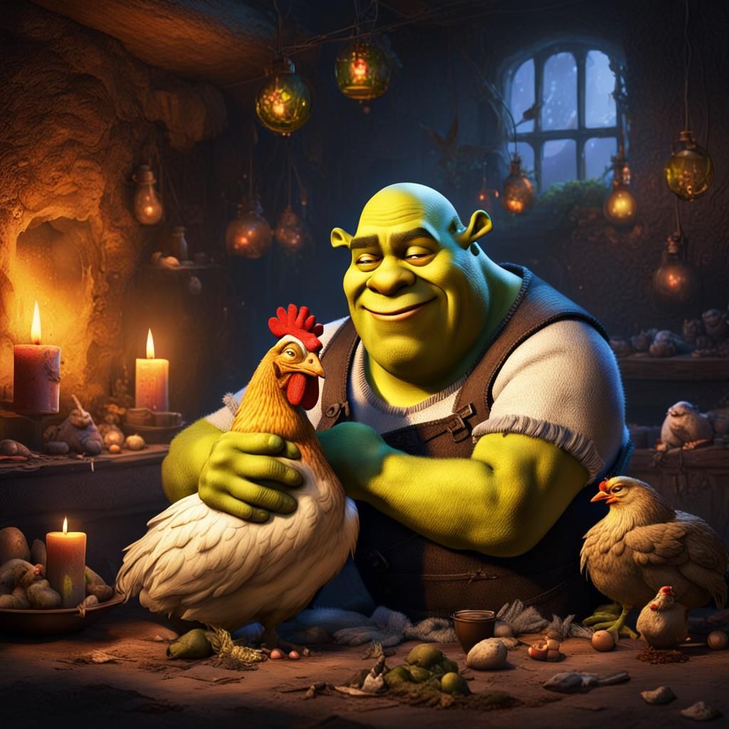 Hyperrealistic Shrek Sleeping with Chicken in Muddy Room