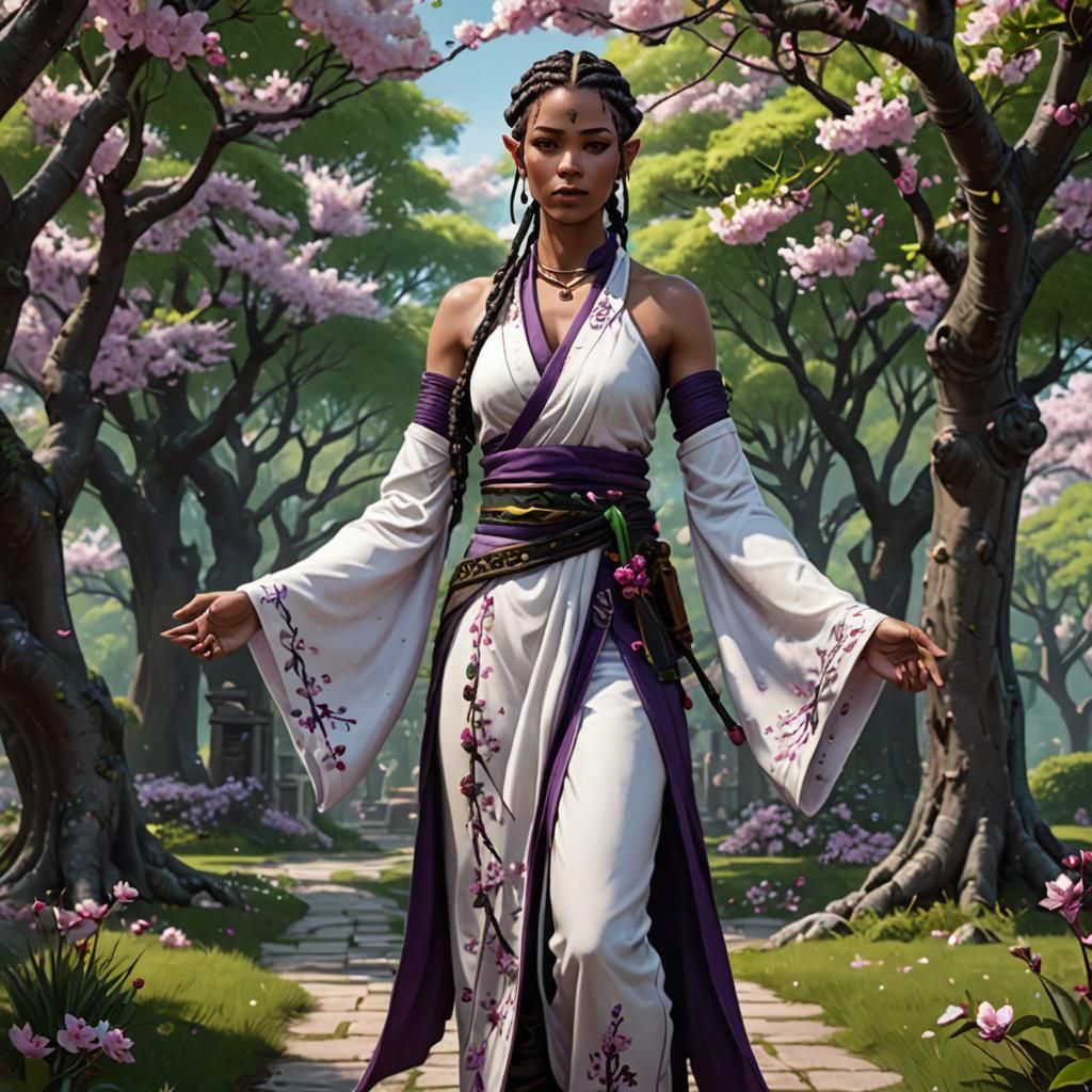 Half-Elf Monk Under Cherry Blossoms