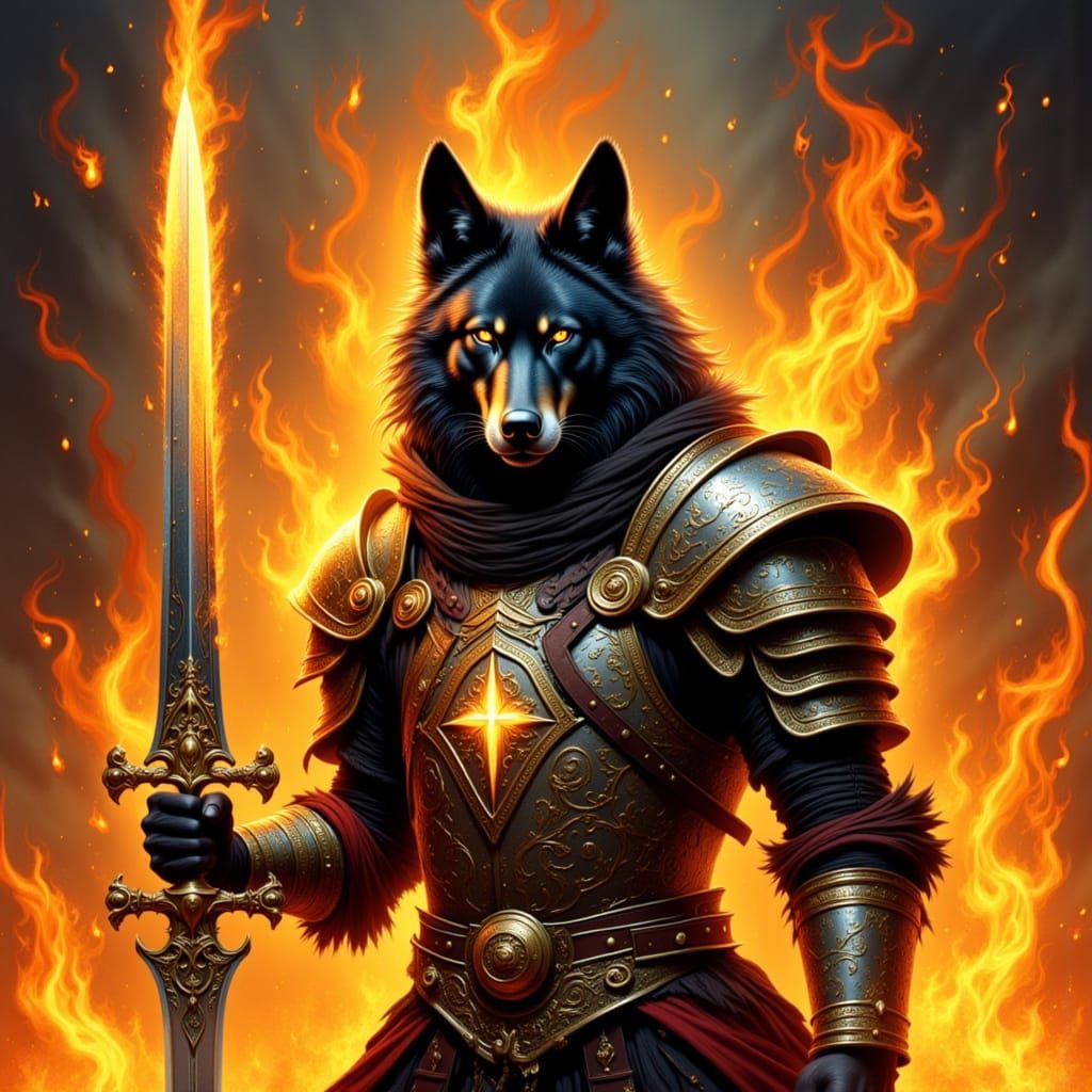 Armored Wolf with Flaming Sword in Fantasy Art Style