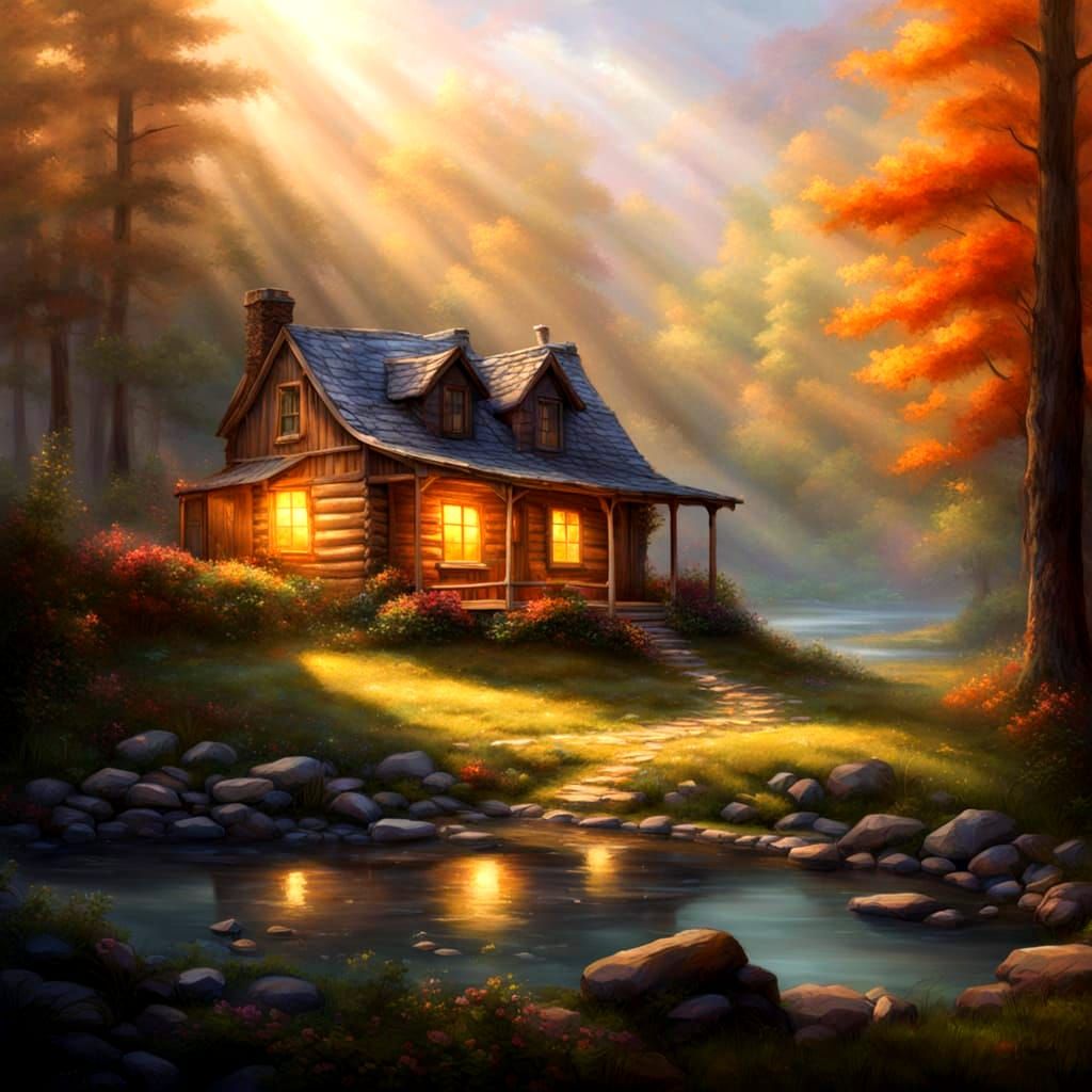 Ethereal Cabin in Misty Woods by Stream