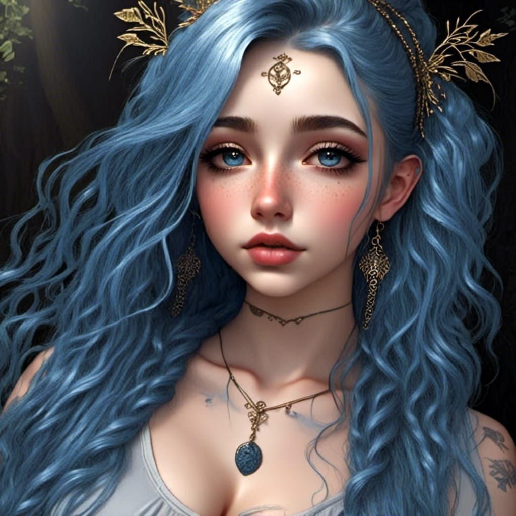 Blue-Haired Girl with Tattoos in Chiaroscuro Style