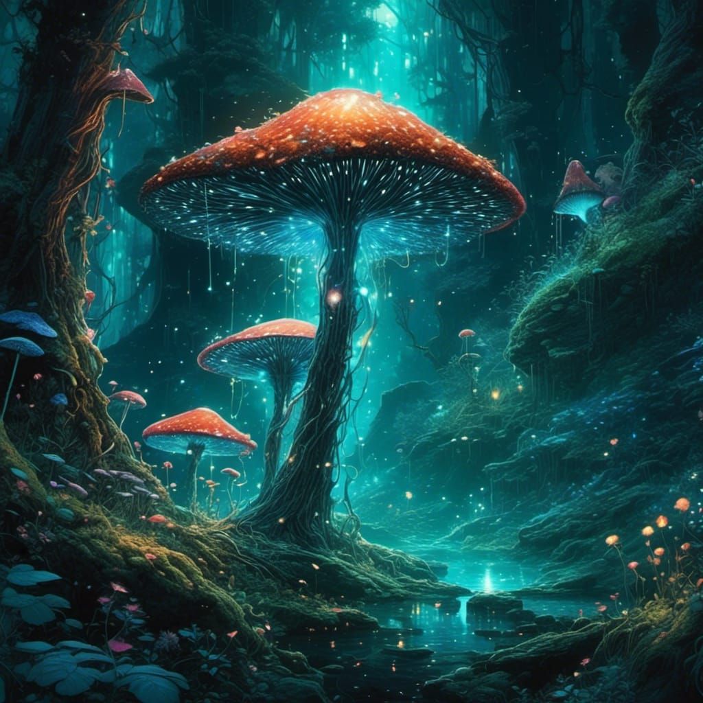 Bioluminescent Mushrooms in Enchanted Forest, Abstract Fract...