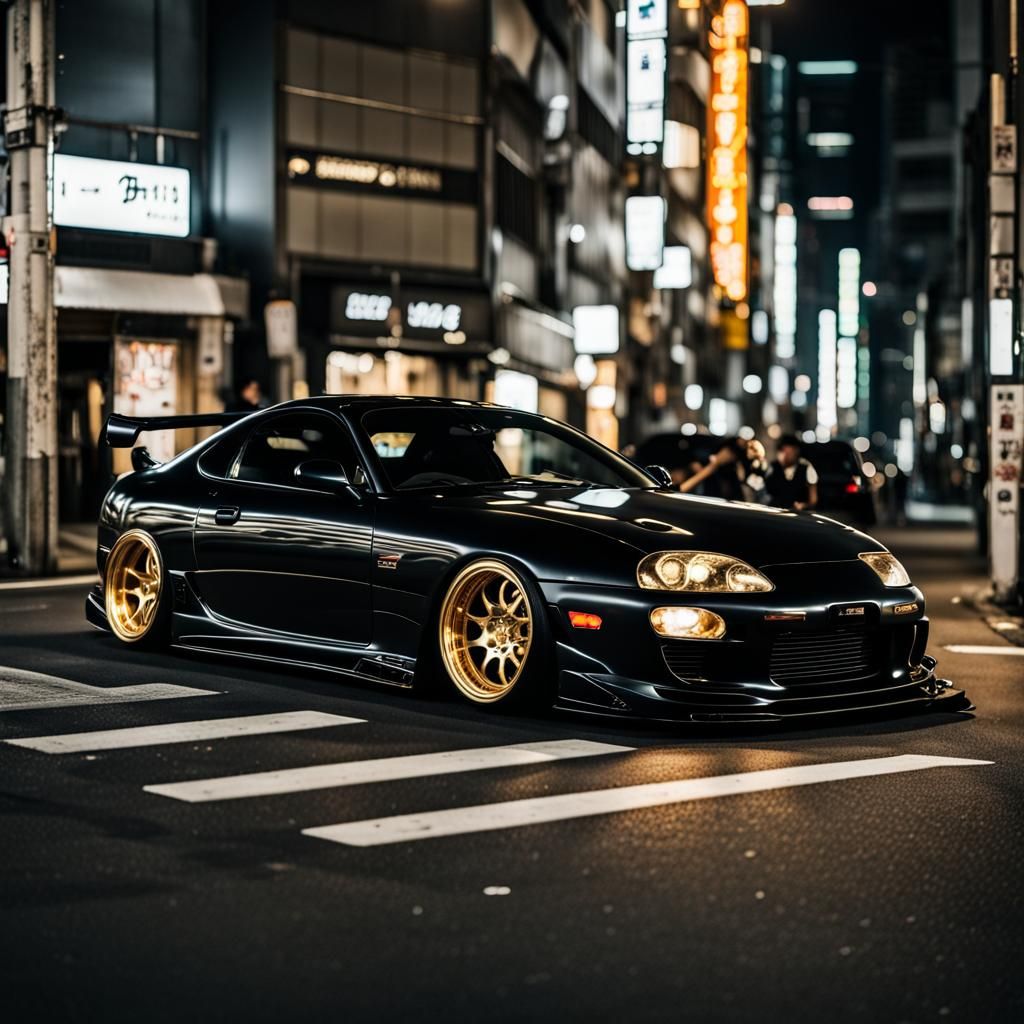 Slammed Black Toyota Supra MK4 in Tokyo at Night