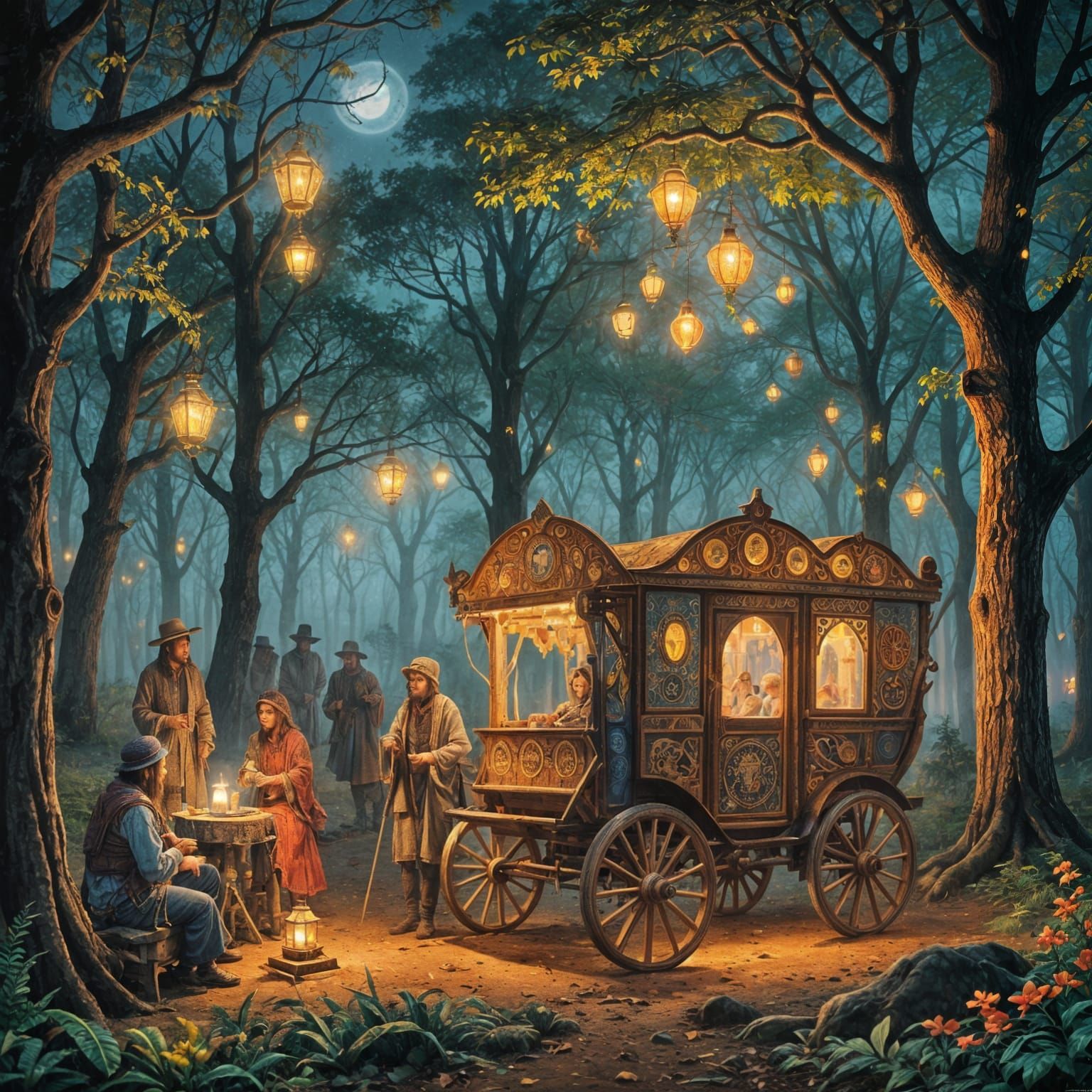 Mystical Fortune Teller Wagon in Forest, Pointillism Style