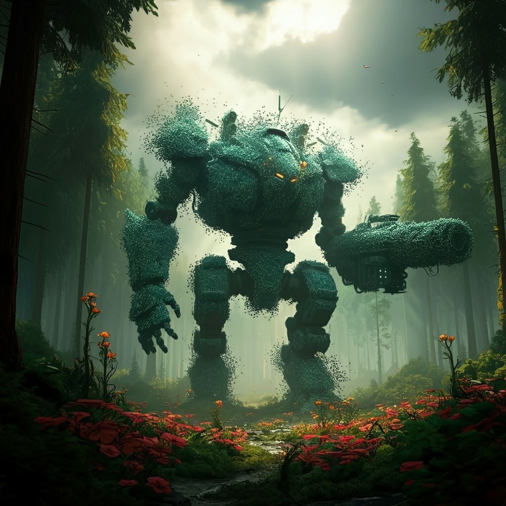 Nanite Battle-Mech in Lush Forest, Oil Painting Style