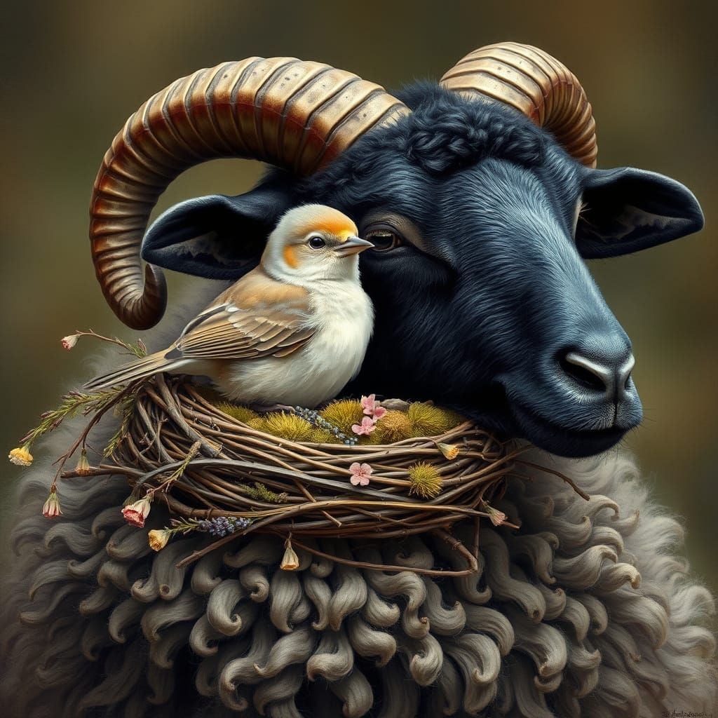 Serene Bird in Whimsical Gouache Landscape