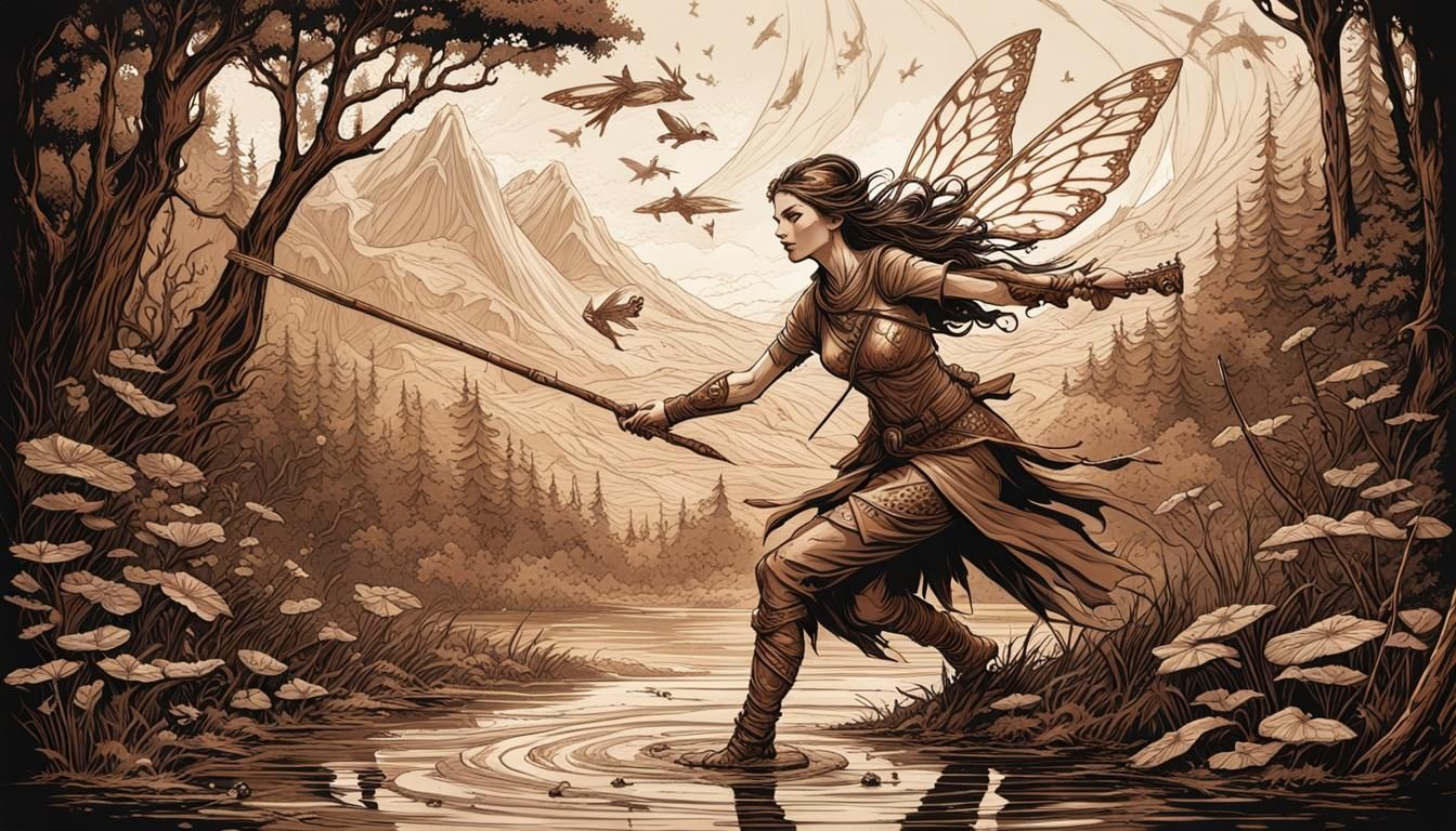 Fairy Hunter with Spear in Woodburning Style