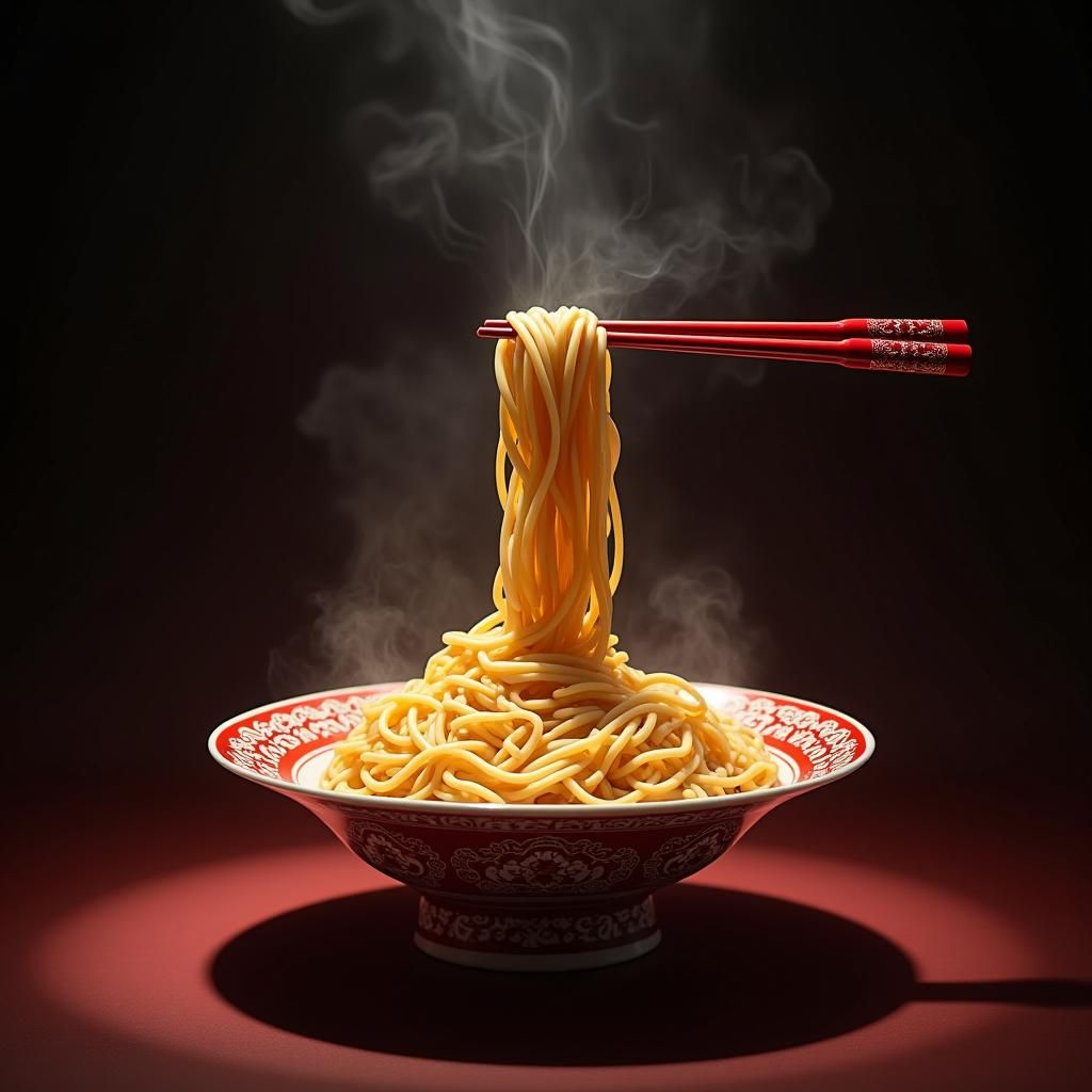 Chinese Plate with Noodles in Dramatic Lighting