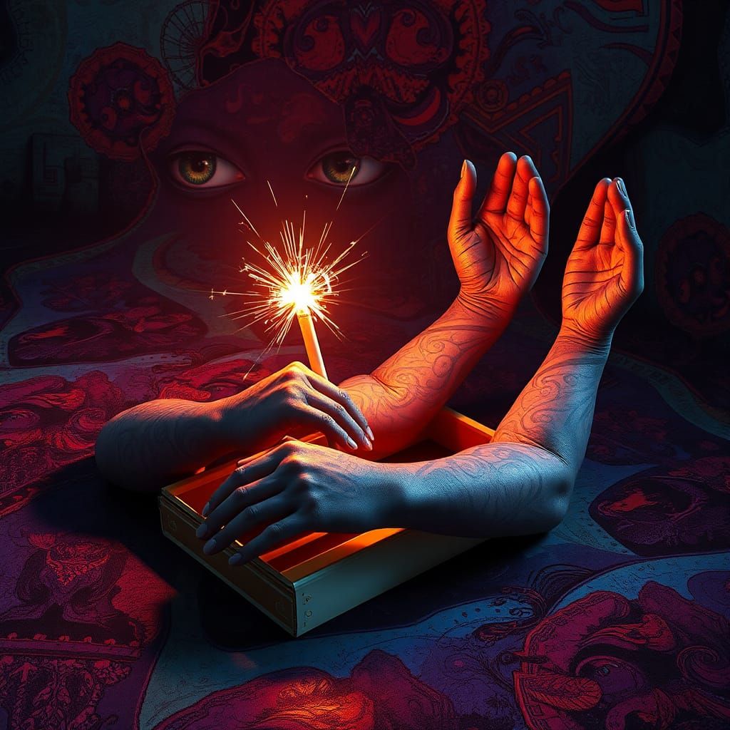 Surreal Matchbook with Psychedelic Arms in Digital Art