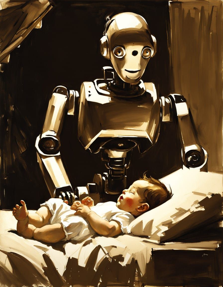 Female Robot Nanny in Warm Sepia Tones, Singing Lullaby to S...