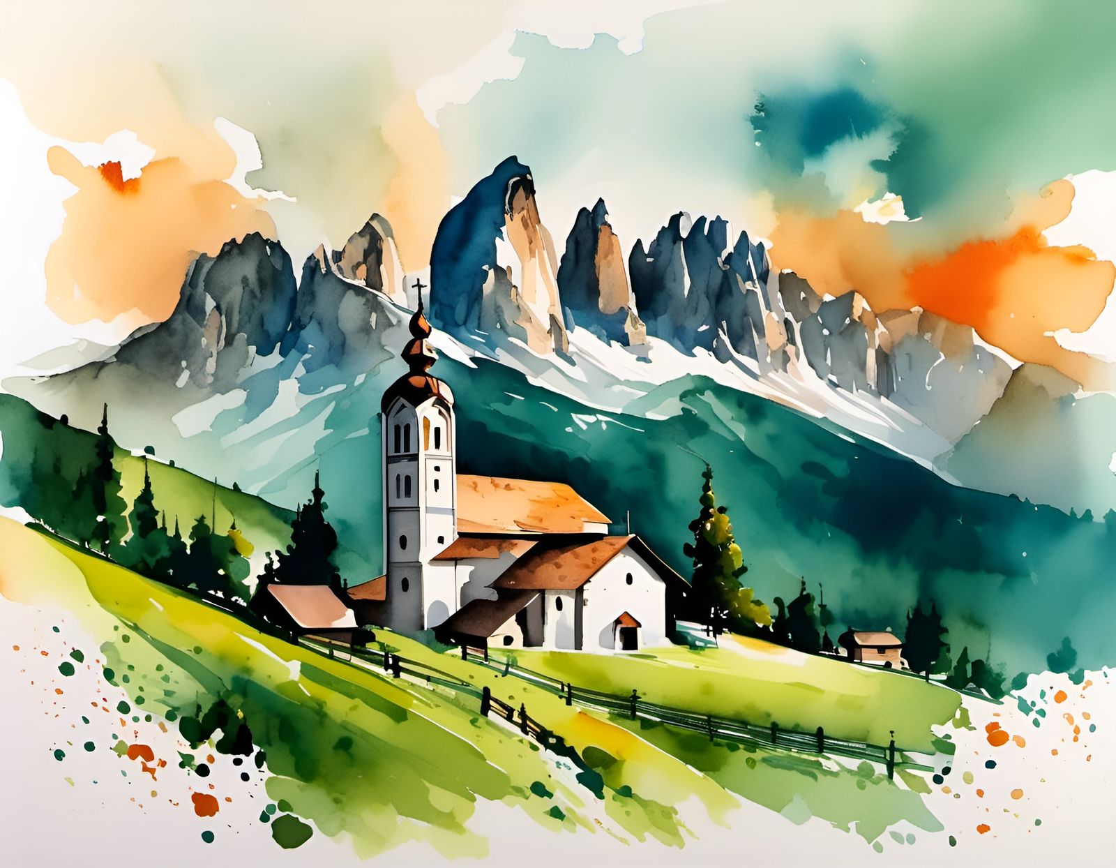 A medieval church, a green valley and the famous Dolomites in the background