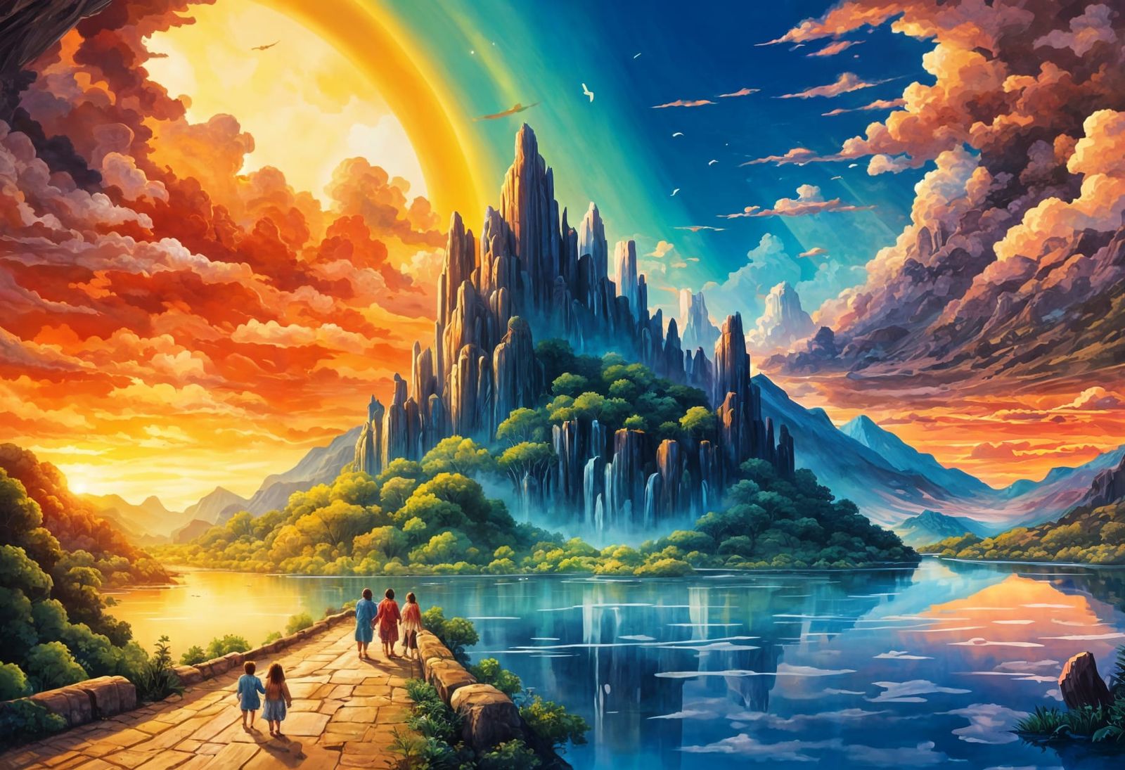 Lush Mountainous Sunset in Studio Ghibli Style