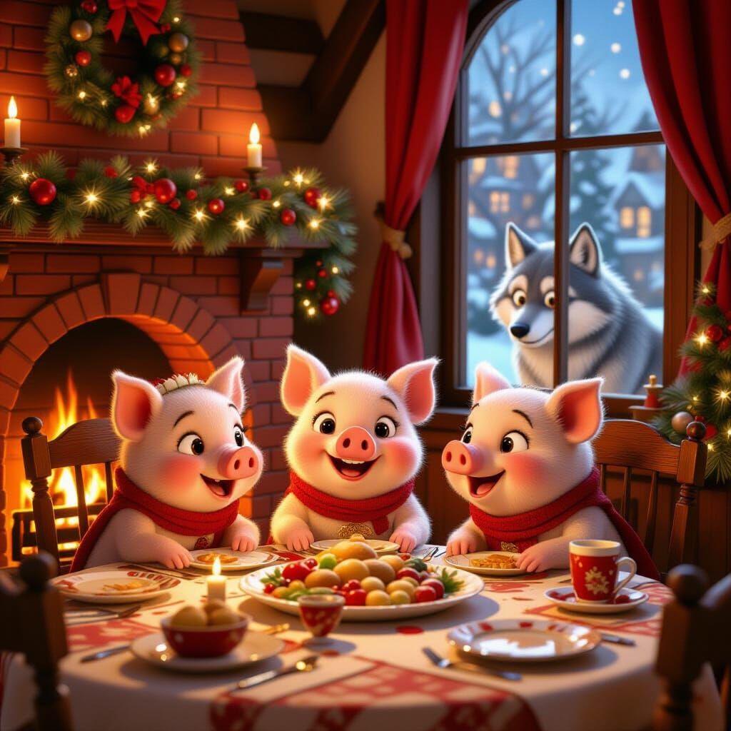 Three Little Pigs Christmas Feast in Cozy European House