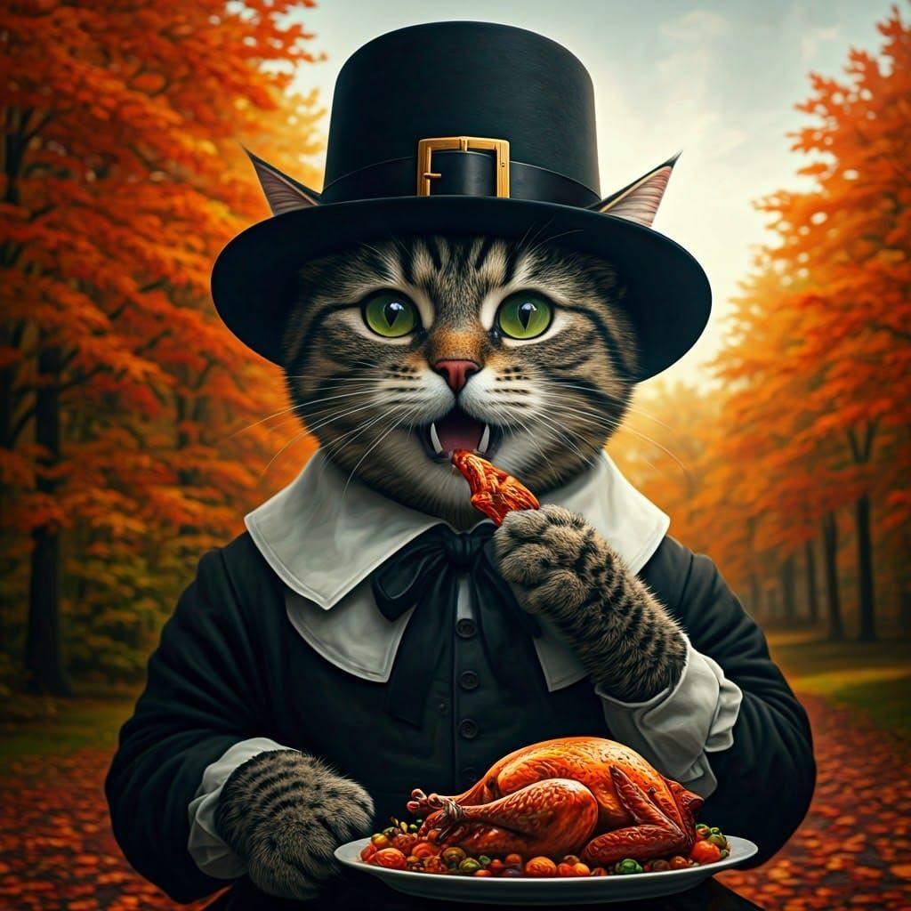 Giant Cat-God Eats Turkey in Autumn Scene