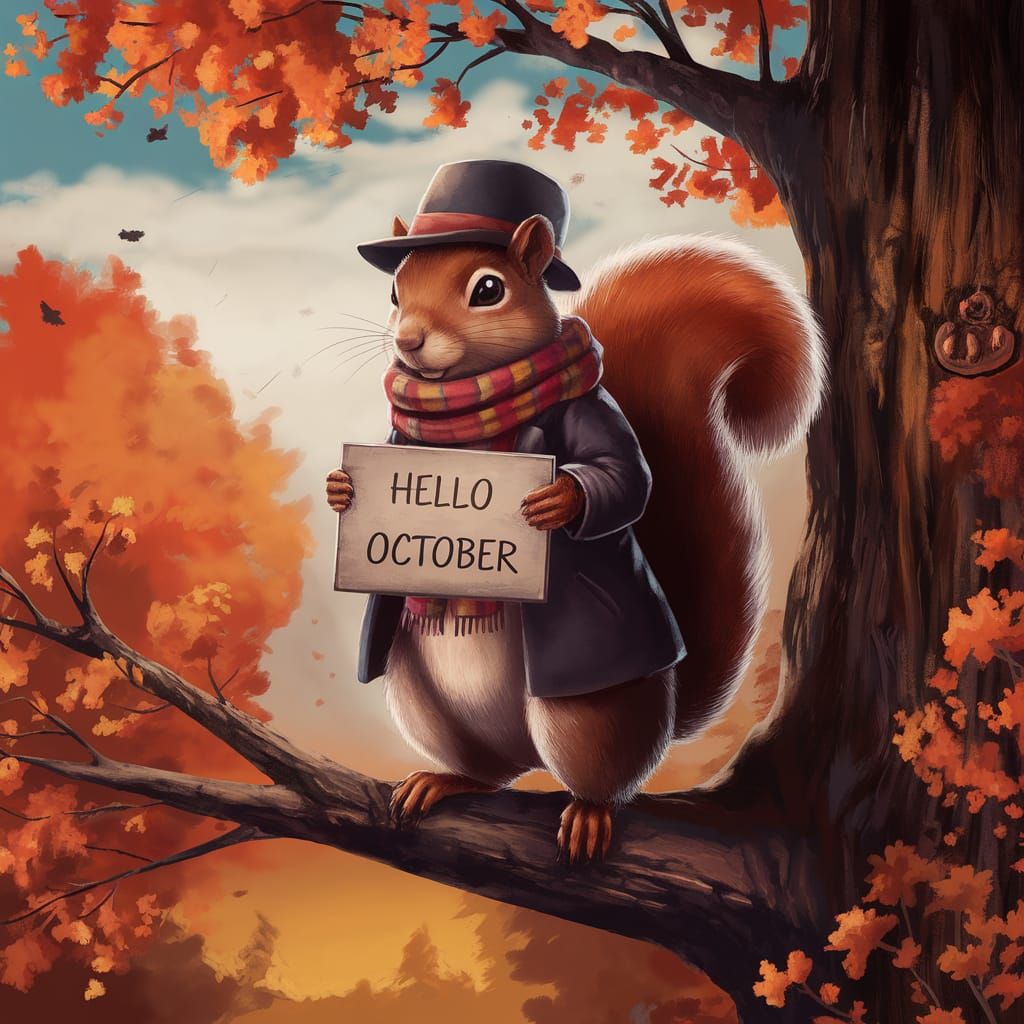 Squirrel Welcomes October in Autumn Landscape