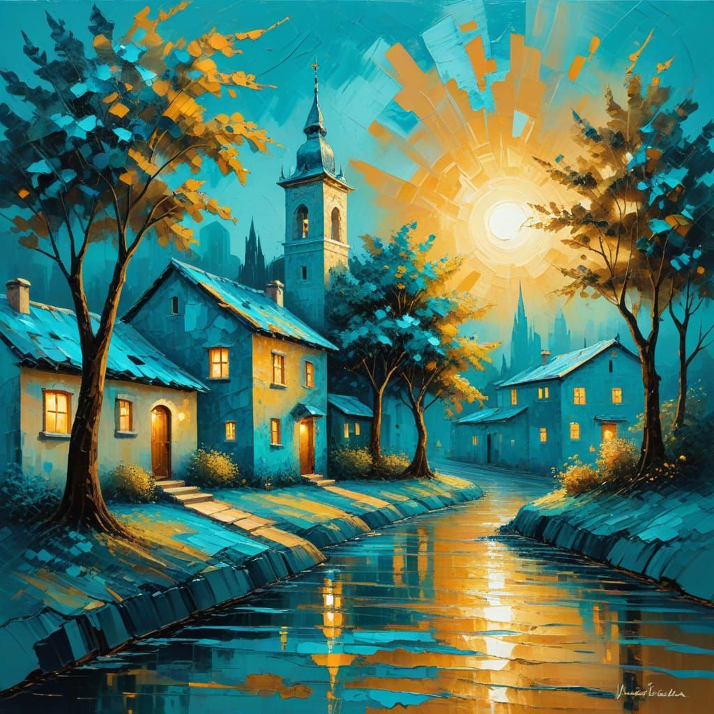 Turquoise Village: Impasto Painting with Golden Light