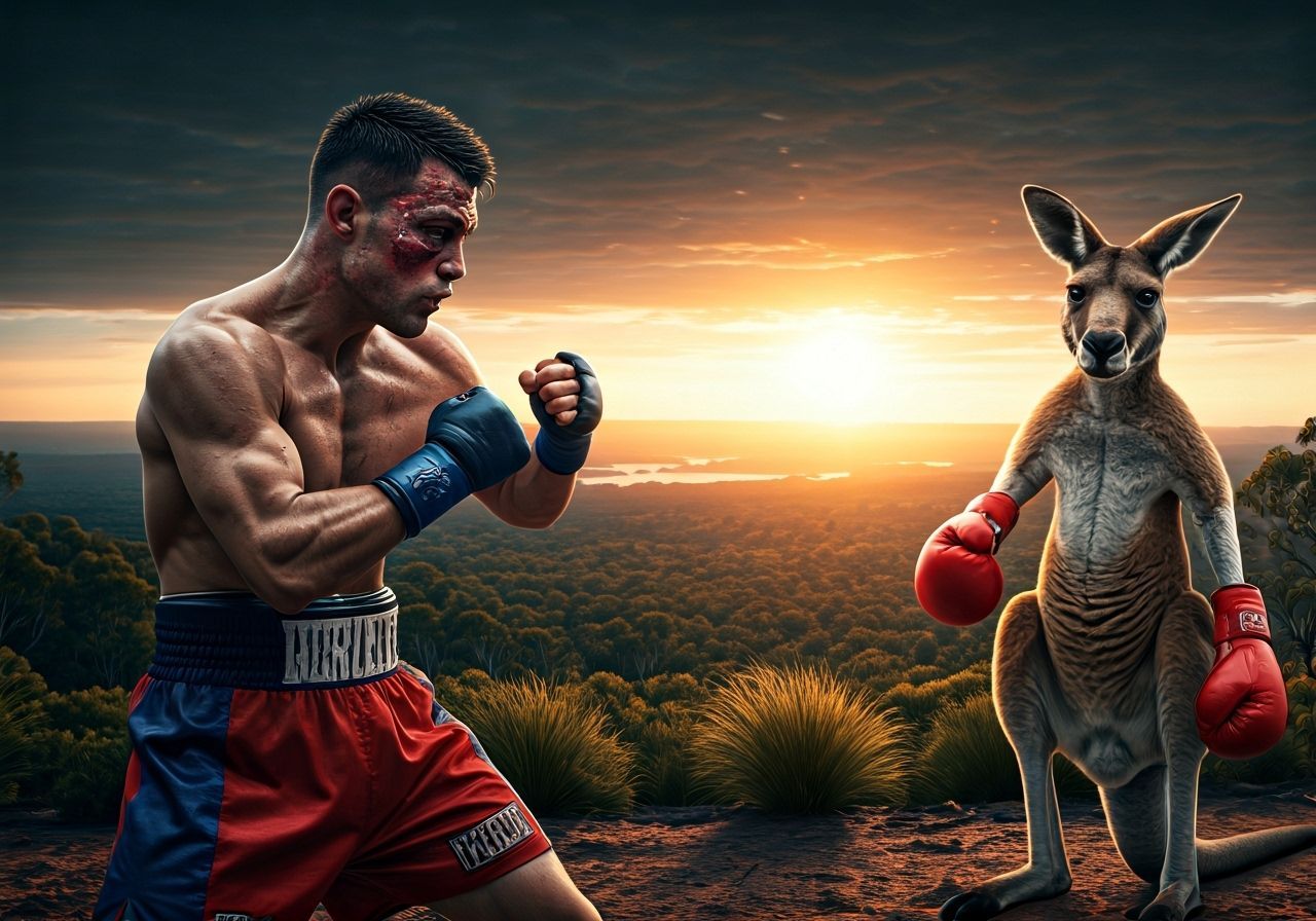 Boxer vs Kangaroo in Australian Landscape Matte Painting