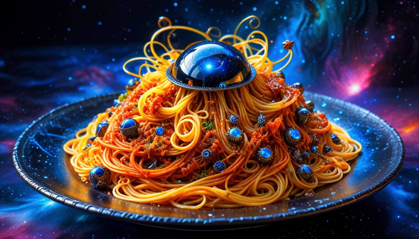 Celestial Spaghetti Bolognese in Futuristic Space
