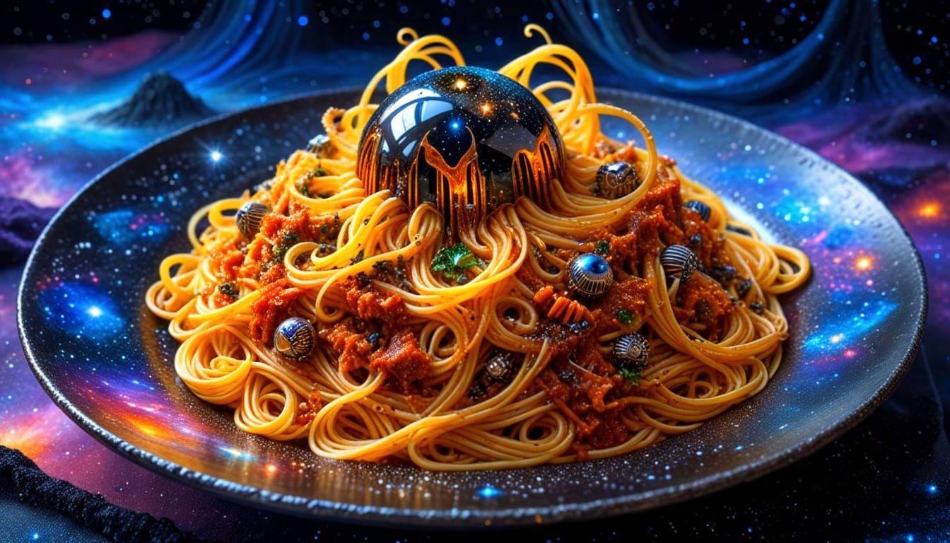 Celestial Spaghetti Bolognese in Futuristic Space