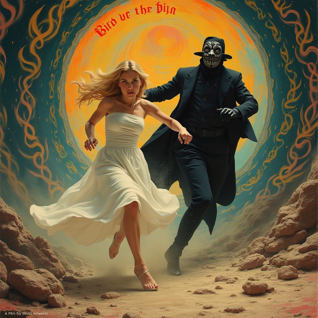 Psychedelic Film Poster in Surreal Landscape with Golden Haz...