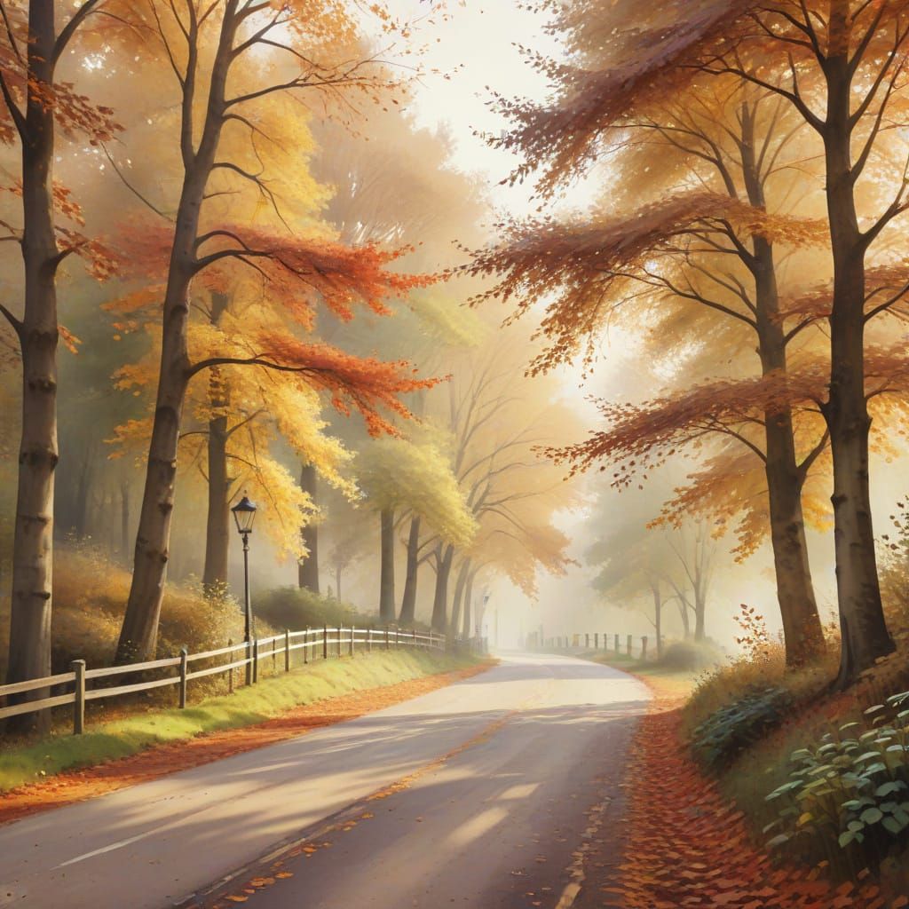 Autumn Landscape with Winding Road and Serene Park in Waterc...