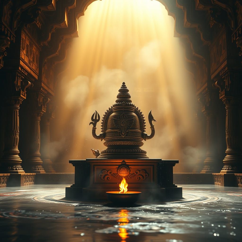 Sacred Shivling in Misty Temple with Golden Light