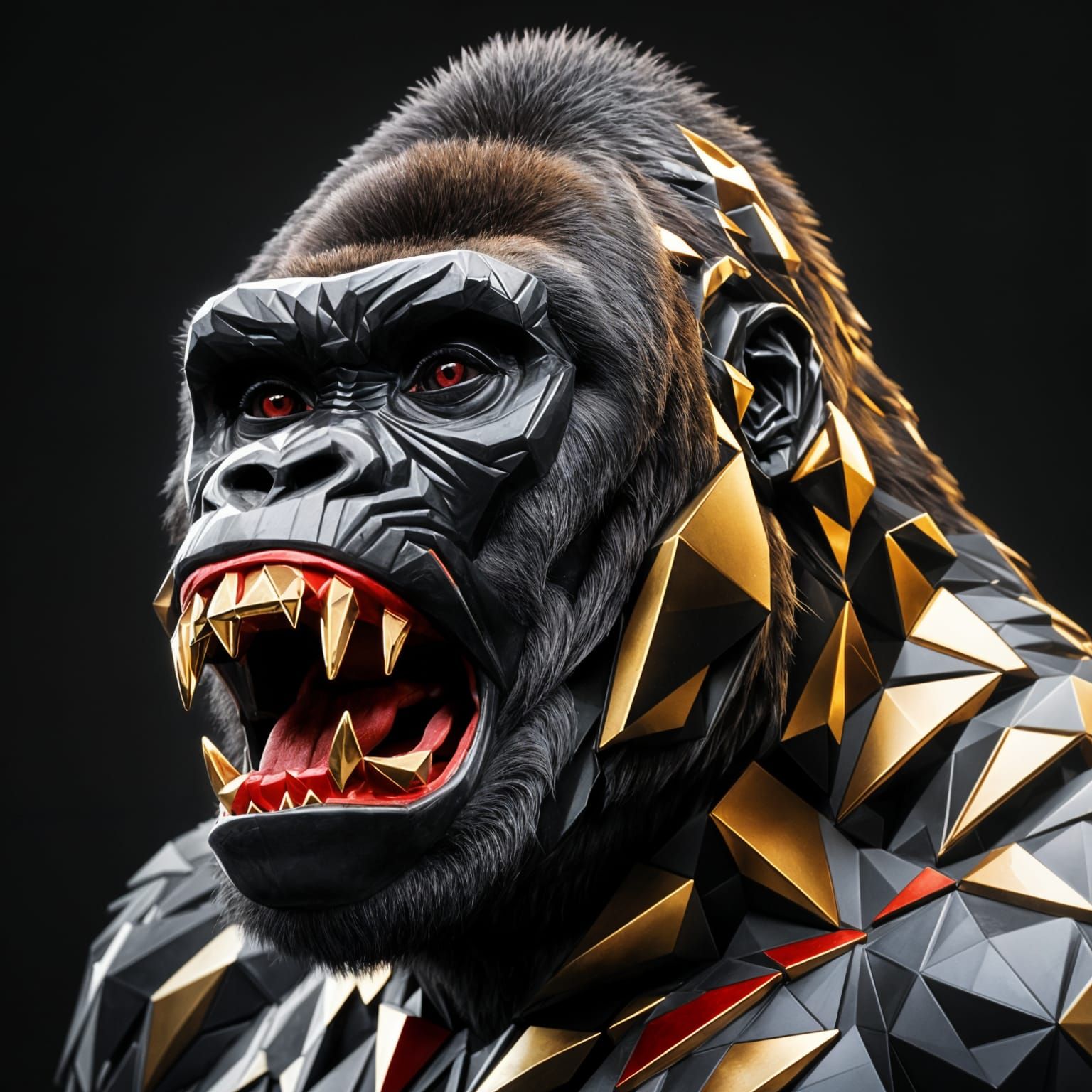 Geometric Black and Gold Gorilla Roaring, 3D Render