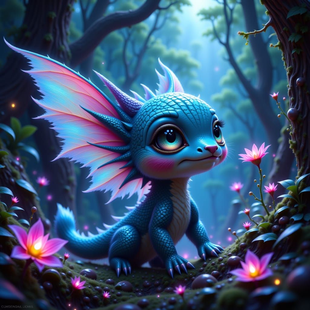 Fantastical Creature in Bioluminescent Forest Digital Painti...