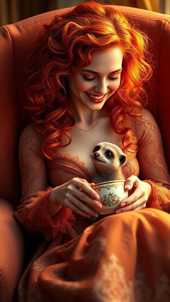 Elegant Redhead Lady Sits with Joyful Meerkat