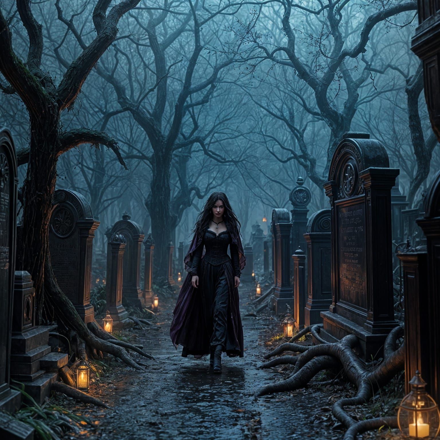 Victorian Steampunk Lady in Graveyard, Dark Fantasy Art