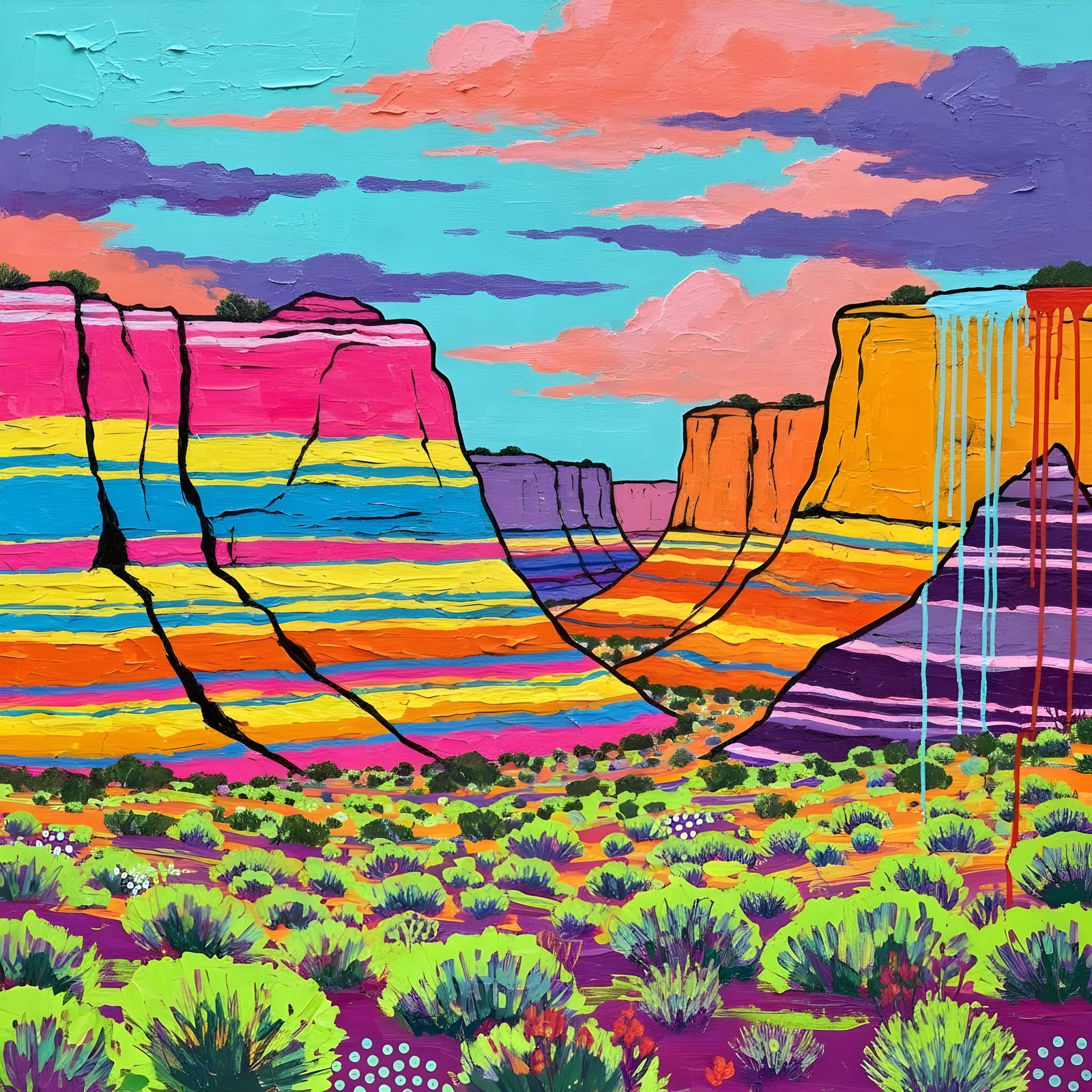 Vibrant Canyon Landscape Painting with Invented Geology