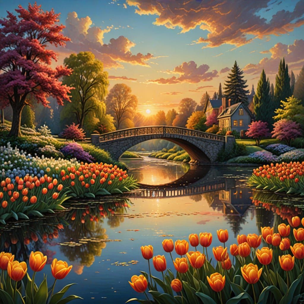 Warm Sunset Bridge Amidst Lush Tulips in Golden Light