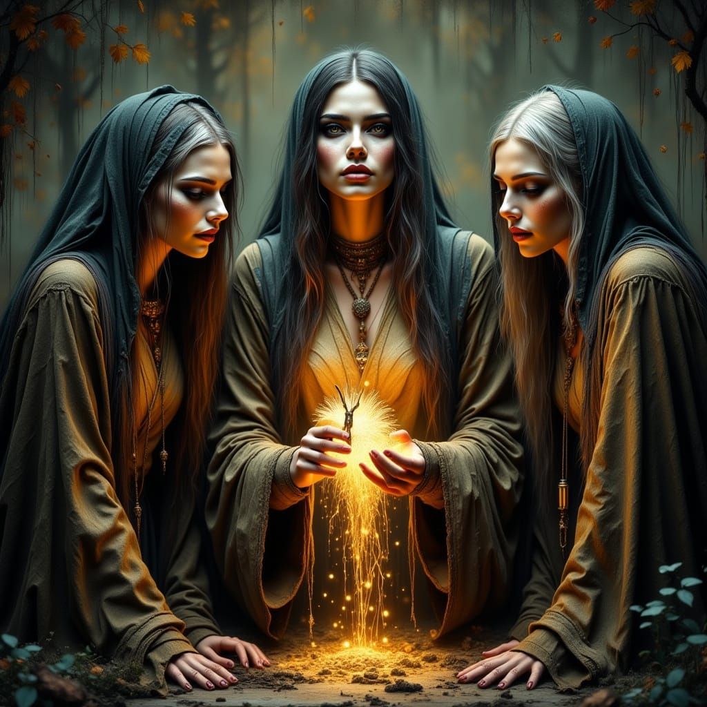 Three Fates Weave Fate in Dark, Gritty Hyperrealism