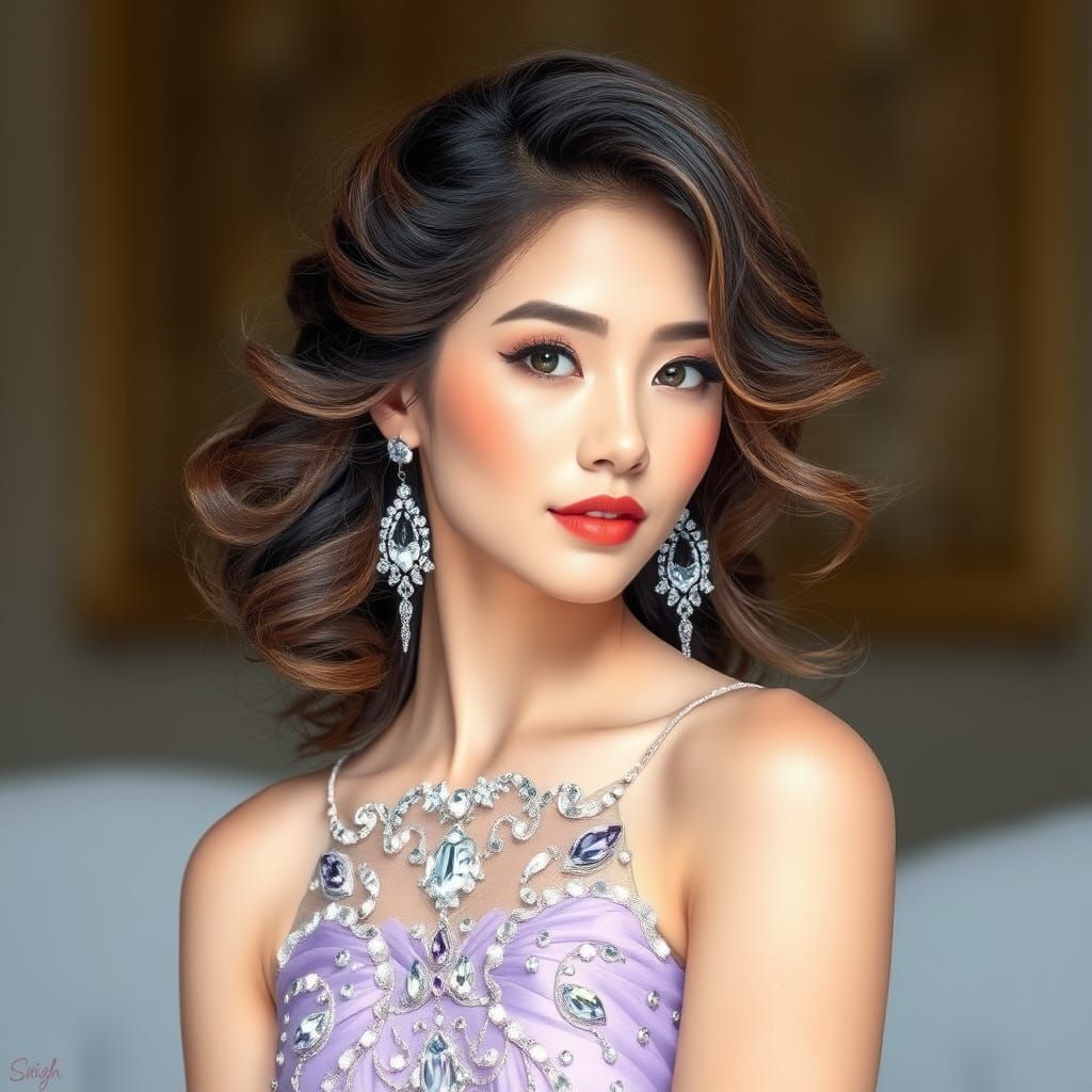Beautiful Woman in Crystal Dress, Watercolor Photorealism