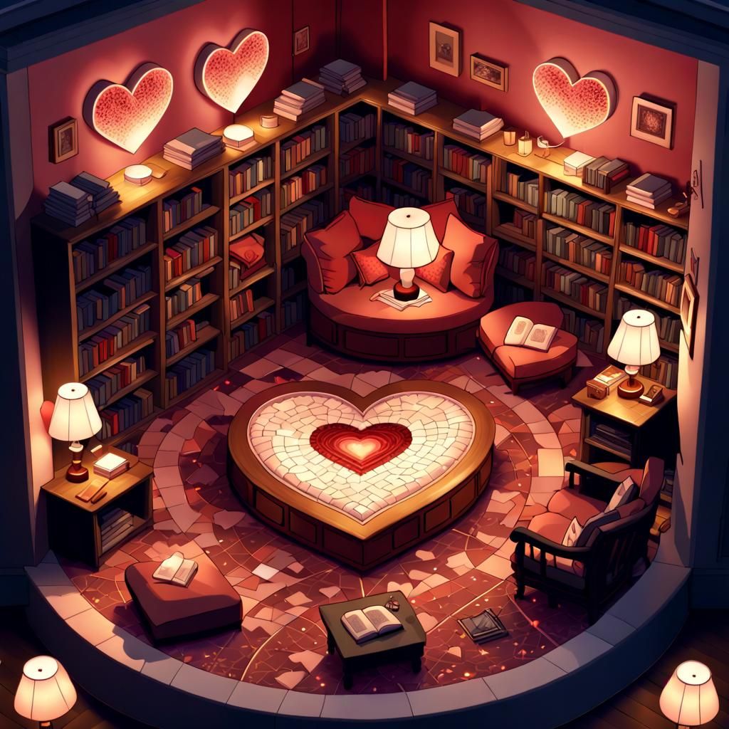 Isometric heart-themed library, cozy ambiance, bookshelves carved into heart shapes, reading nooks with heart-patterned ...