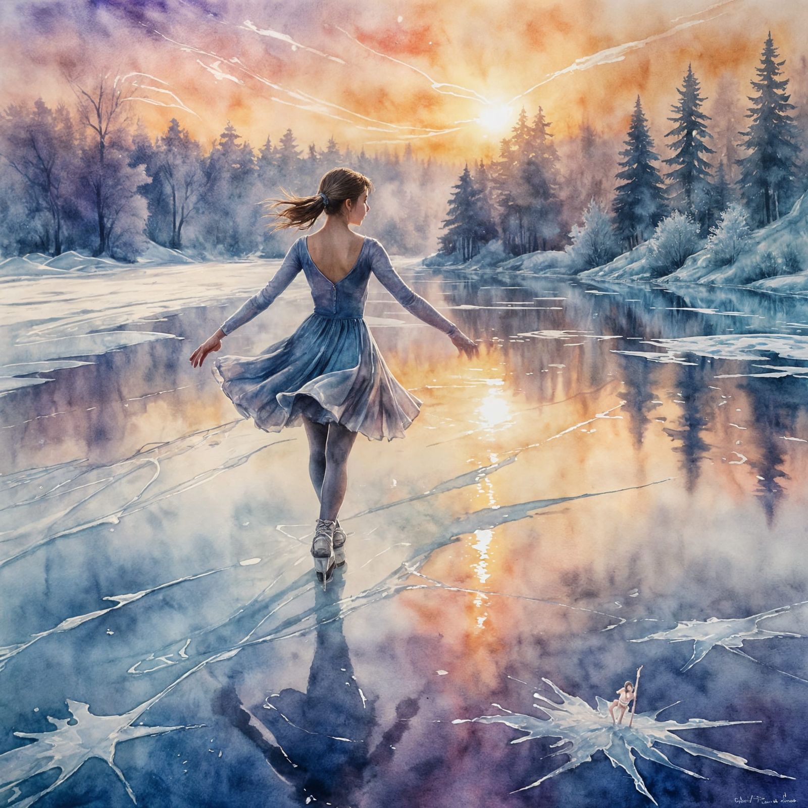 Ethereal Ice Skater in Impressionistic Surreal Watercolor
