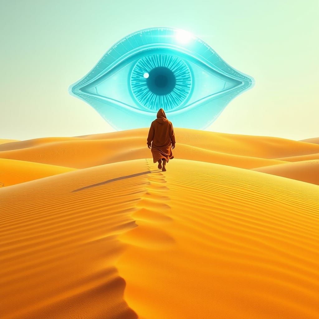 Monk Approaches the Glowing Eye of Horus in the Desert