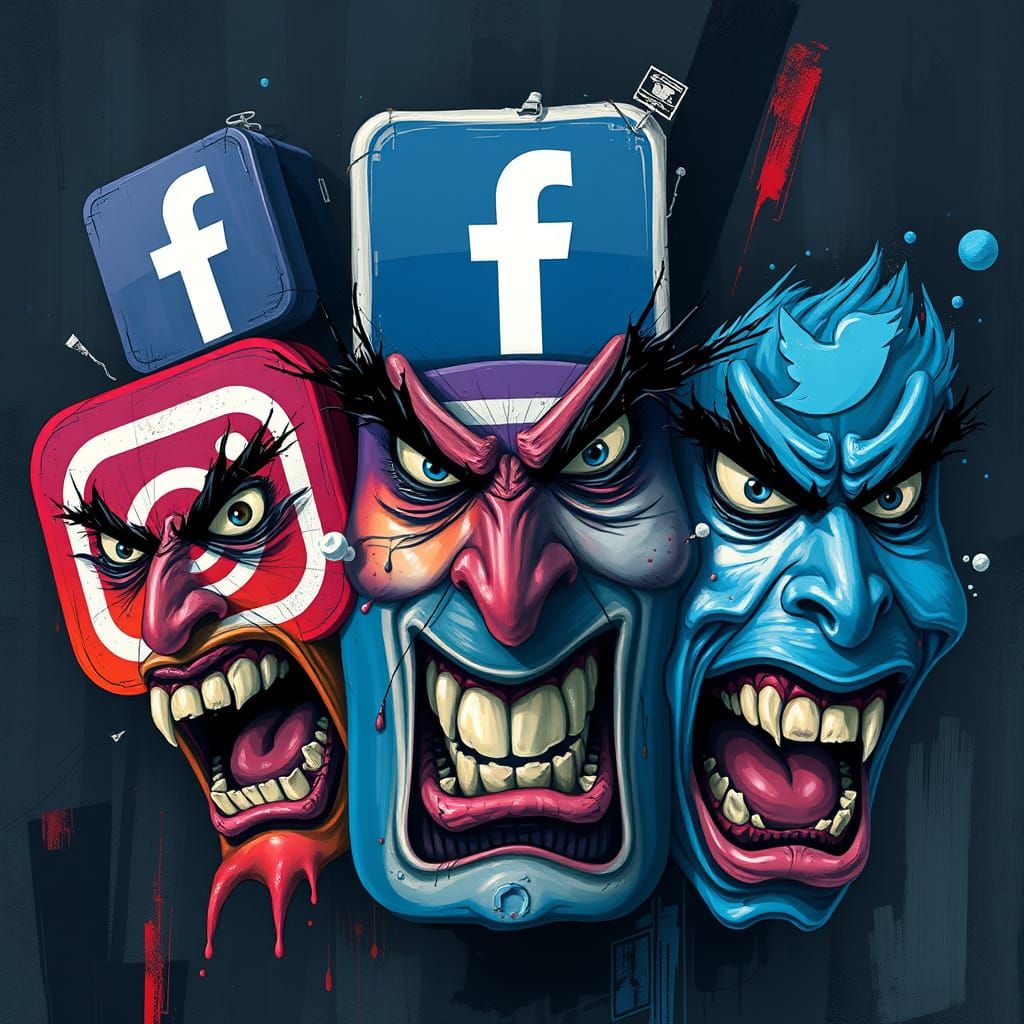 Social Media Icons Morphing into Snarling Faces