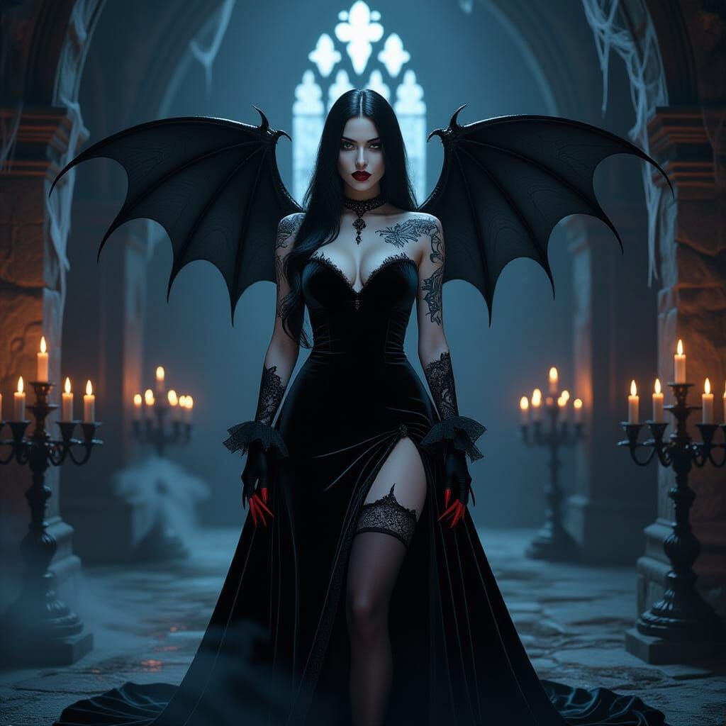 A photorealistic cinematic portrait of a nu-gothic vampiress...