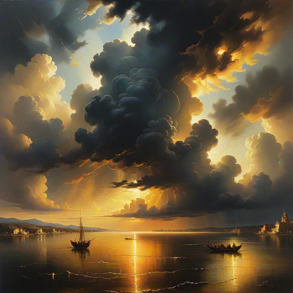 Baroque Landscape Painting With Dramatic Chiaroscuro Sky