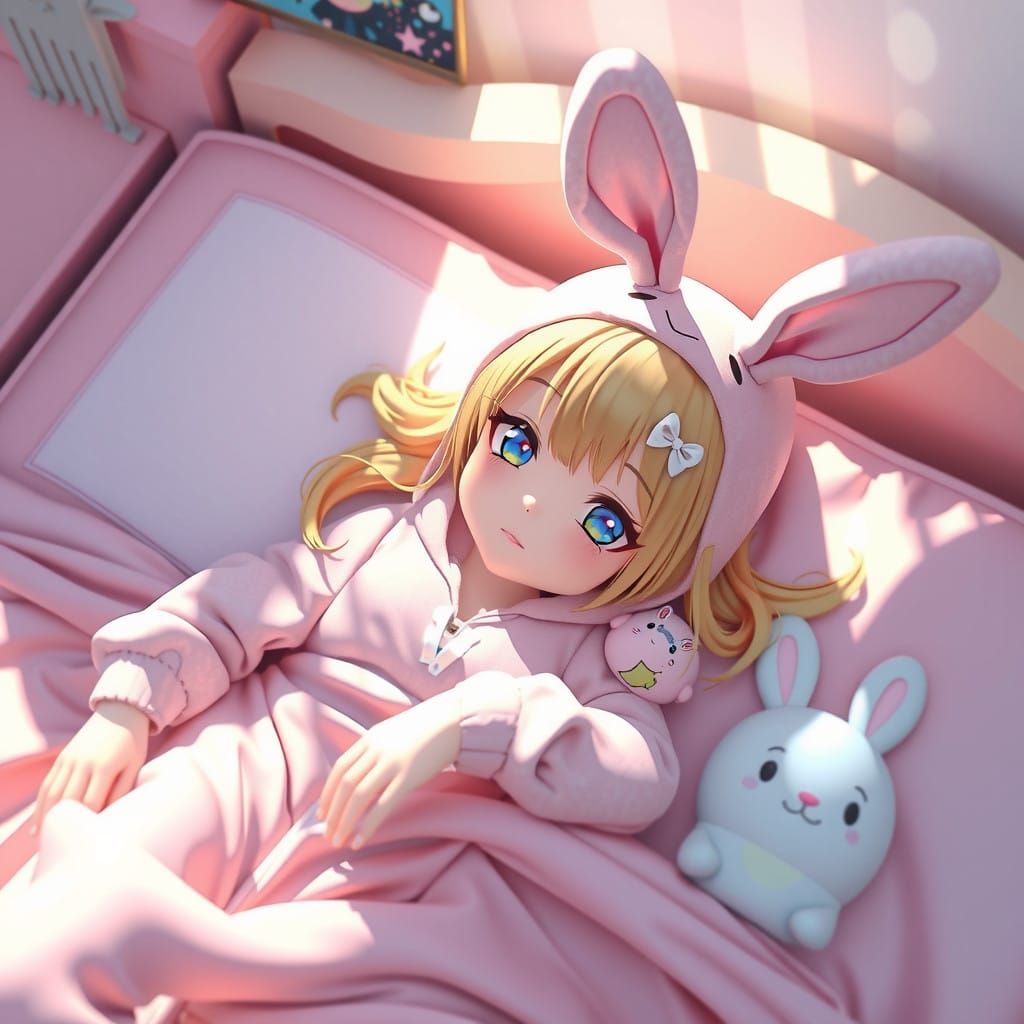 Girl in Bunny Onesie Waits on Bed for Loved One in Anime Sty...
