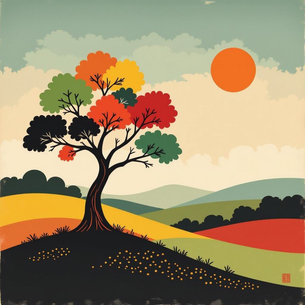 Cartoon Oak Tree in Earth Tones