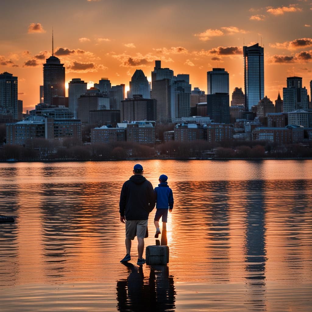 Sunset Cityscape Reflection with Baseball Cap Figure