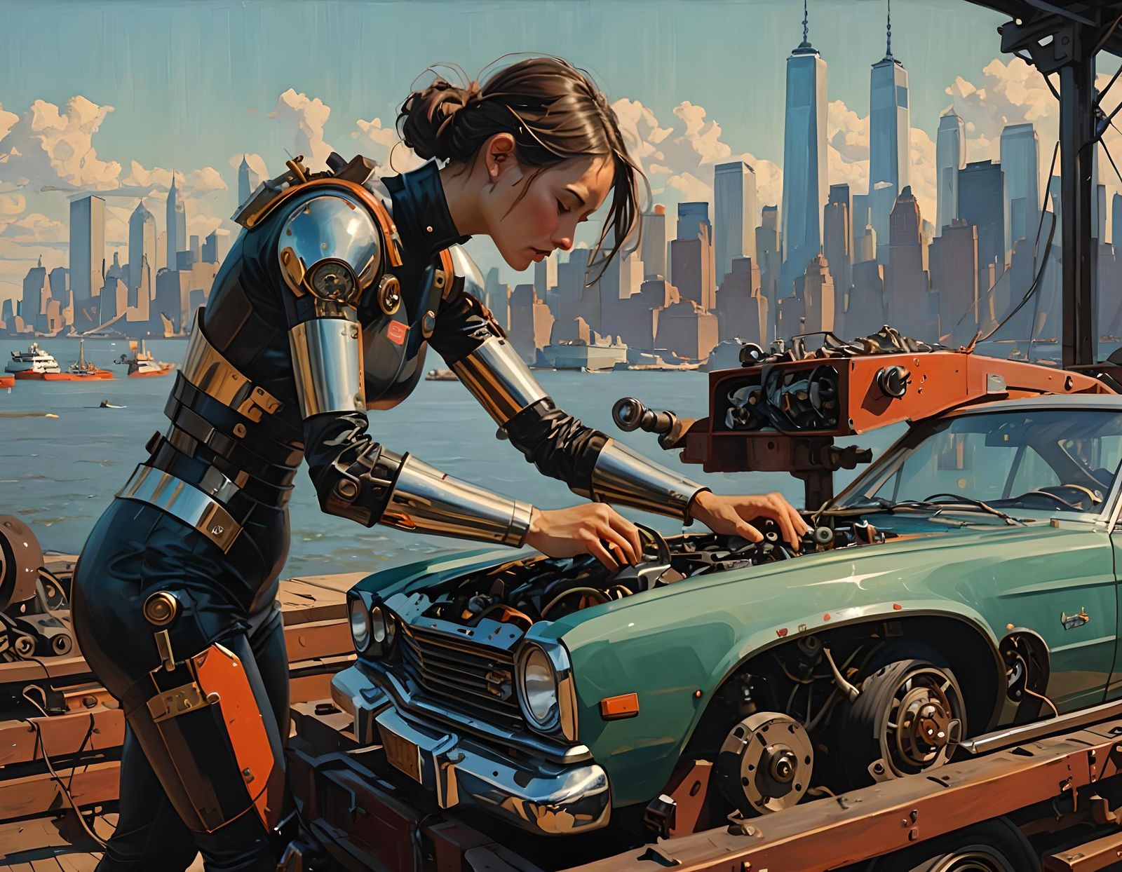 Cybernetic Mechanic in Impressionistic NYC Scene