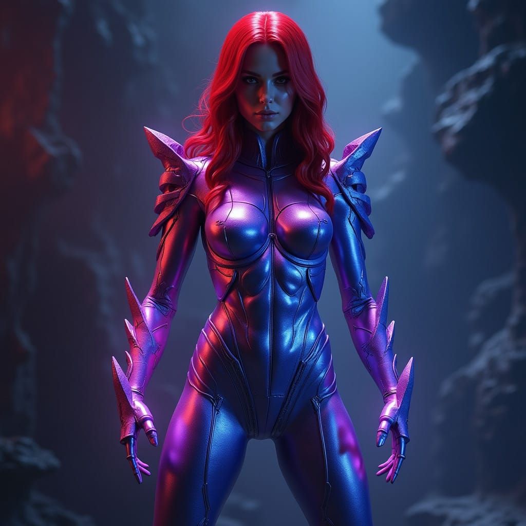 Glimmering Red Witch Superheroine in Hyperreal 4K