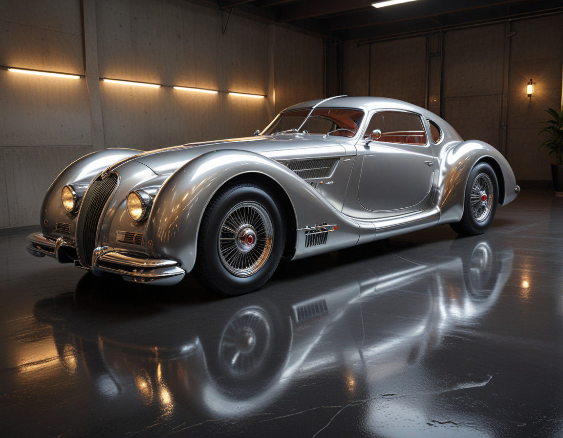 Vintage Automobile Speeds Down Art Deco Highway at Sunset