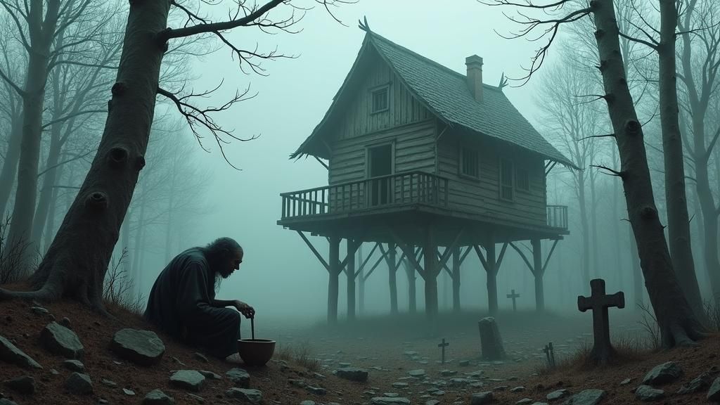 Spooky Hut on Chicken Legs in Misty Forest