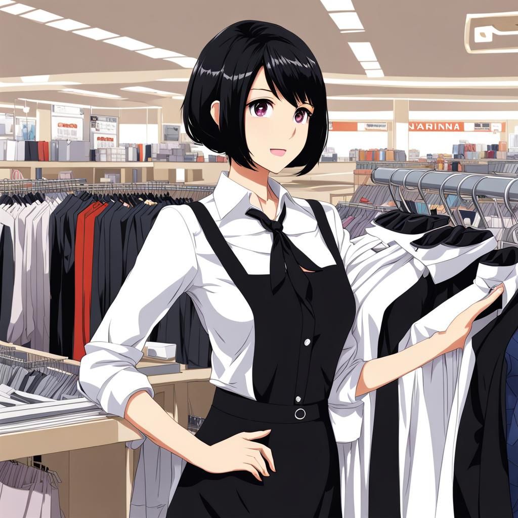Anime Woman Working in Clothing Store