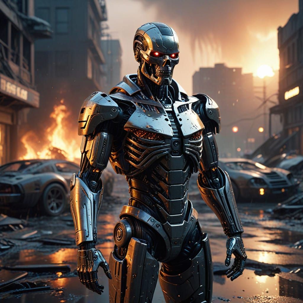 Cyborg Showdown: T-800 vs Robocop in Ruined Tulsa Street