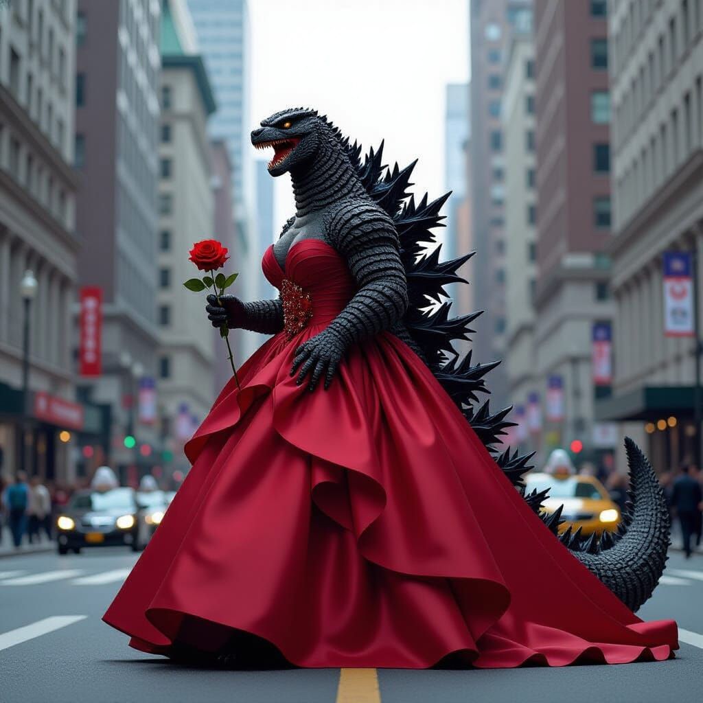 Godzilla in Dolce Gabbana Gown with Rose